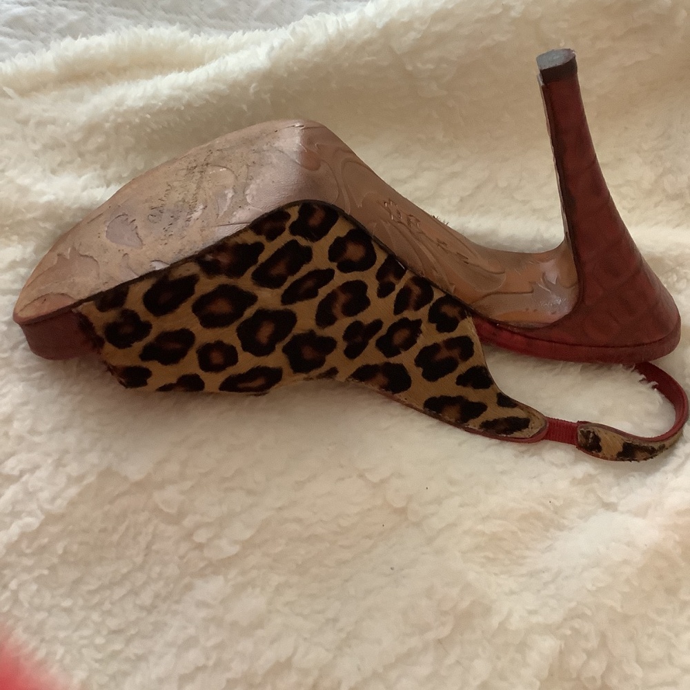 Donald Pliner Couture Heels Pony Hair Leopard Print Red Leather Sole Italy - Picture 5 of 10